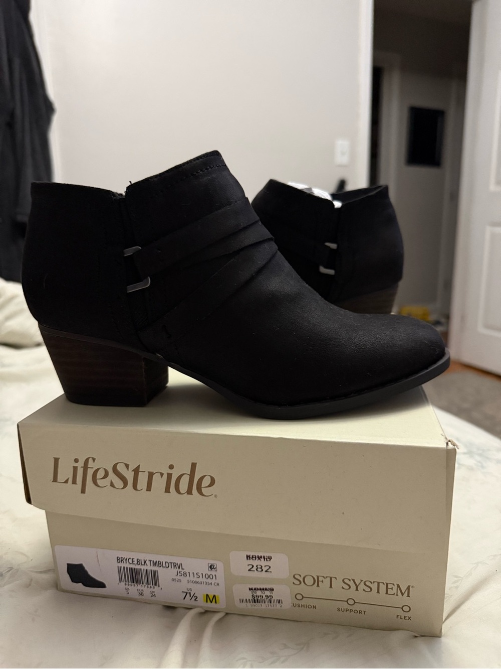 Life Stride Black Suede Ankle Booties with Low Stacked Heel